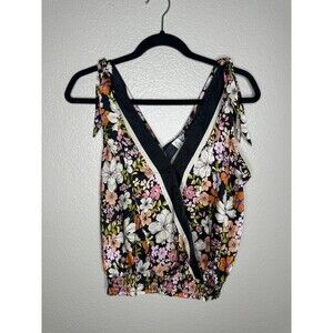 NEW Joie Blouse Womens Medium Black Floral V Neck Tie Shoulder Smocked Hem Sexy